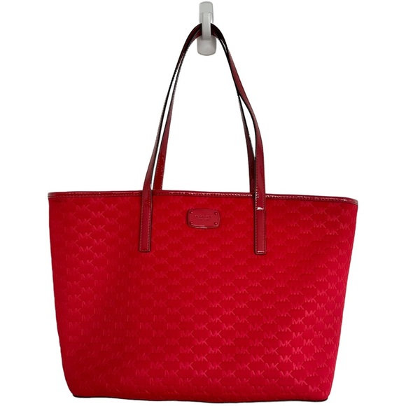 Michael Michael Kors Red Embossed Logo Scuba Fabric Patent Strap Large Tote Bag - Picture 5 of 12